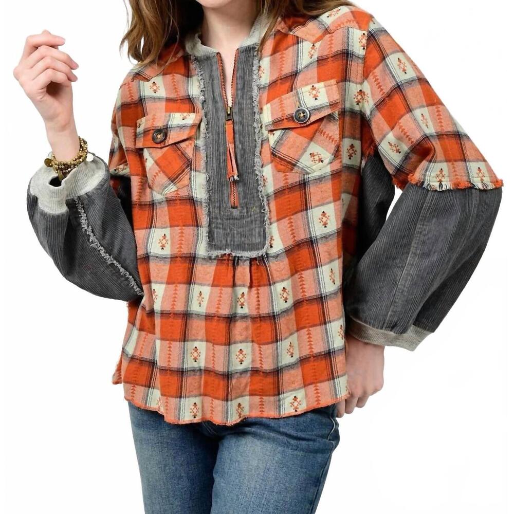 NEW IVY JANE zipped & patched popover top in rust multi